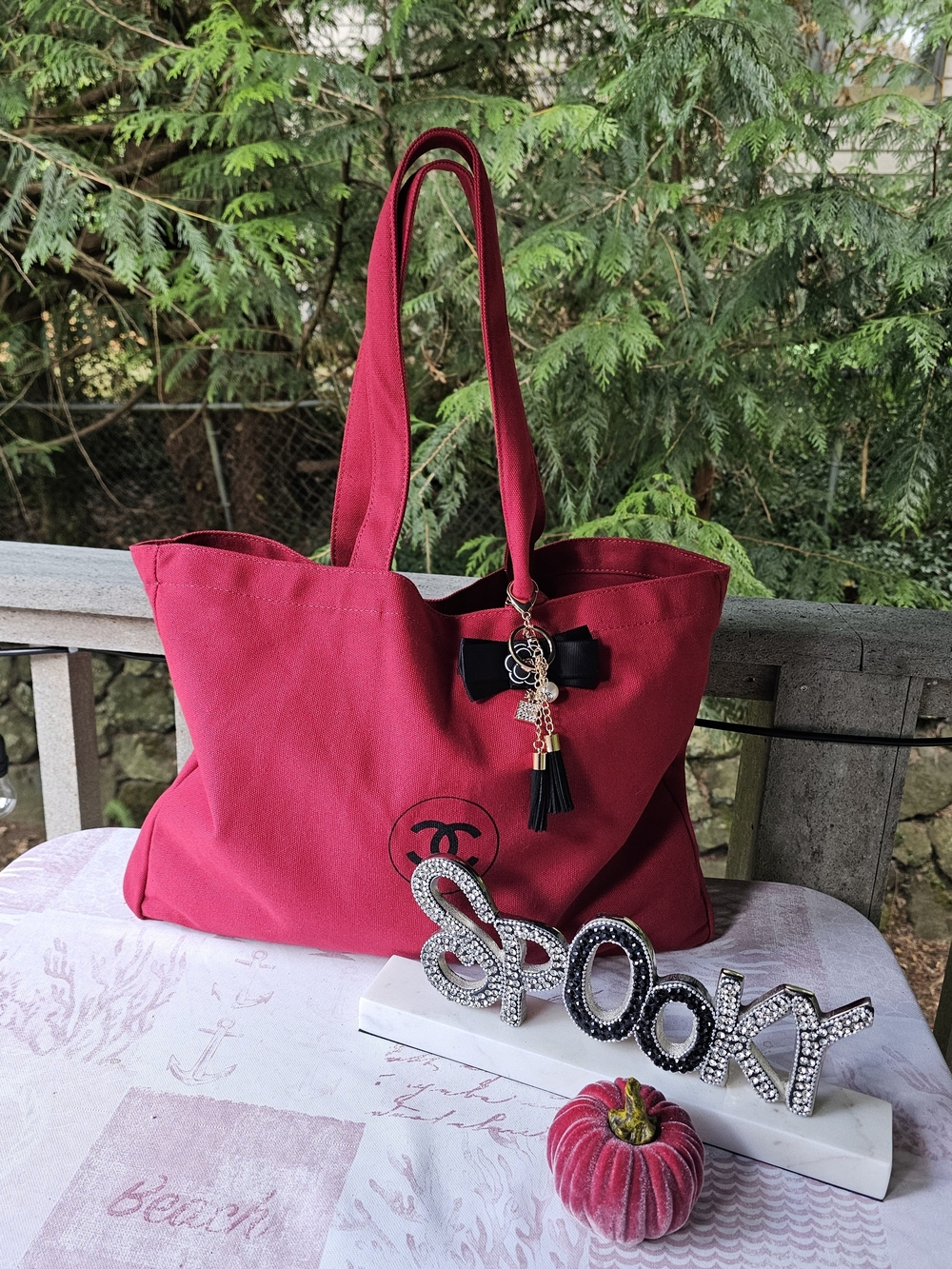Elegant GWP Red Canvas Tote with Black Bow Charm